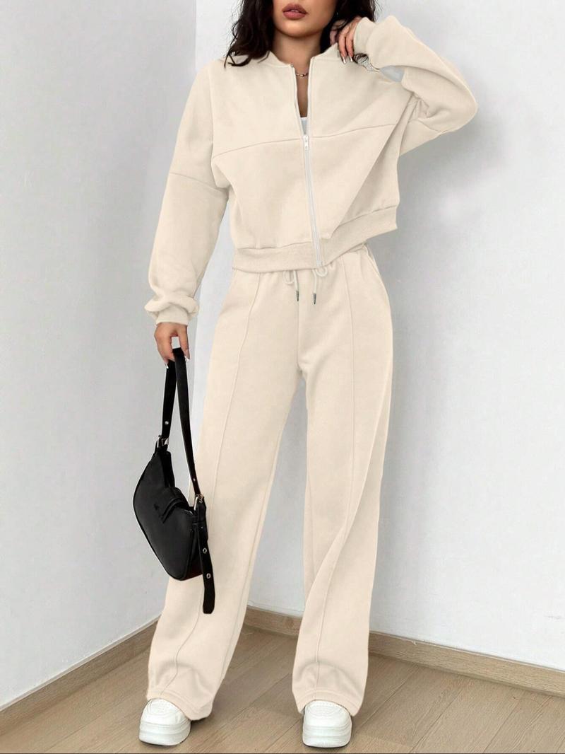 Women's Casual Striped Long Sleeve Zipper Jacket and Pants Set, Airport Wear, Fitted Natural Waist, Regular Length, All Seasons