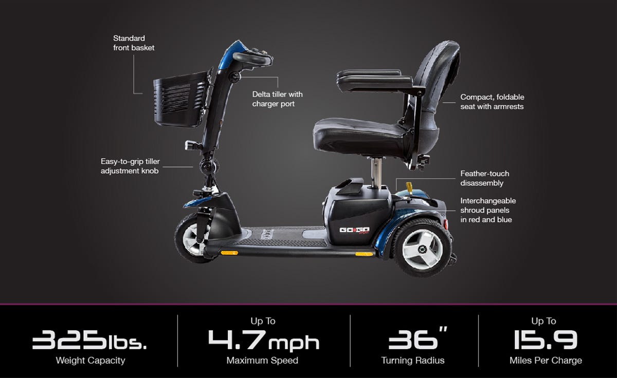 Image of a mobility scooter with features labeled, including a front basket, adjustable tiller, and foldable seat. Specifications listed below.