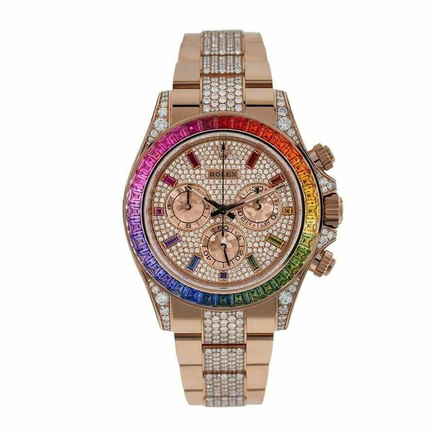 rolex cosmograph daytona rainbow colored baguette bezel rose gold oyster 116505 1