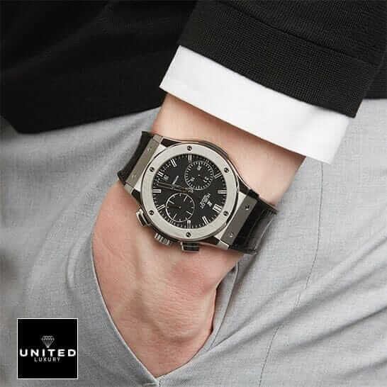 Hublot Racing Grey Replica hublot leather strap replica 4 Hublot Classic Fusion Black Dial Leather Black Bracelet Replica on the man wrist