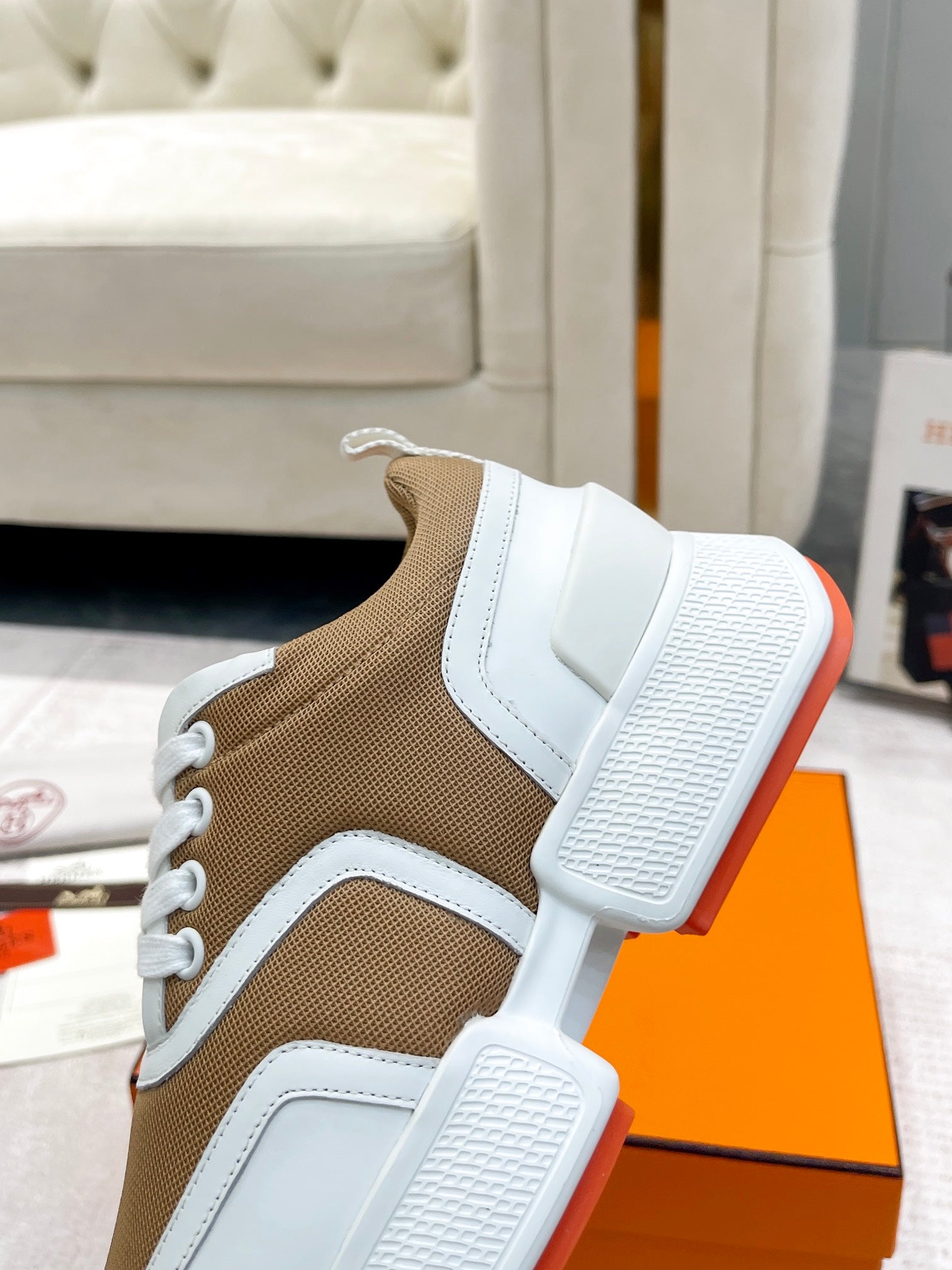GIGA SNEAKER IN CIDER BROWN STITCHED MESH AND WHITE CALFSKIN、mysite、Cacoeks