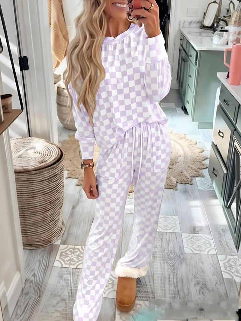 Two-Piece Set Women's Checkerboard Print Long Sleeve Tee & Drawstring Waist Pants Pajama, Casual Comfy Round Neck Top & Pocket Trousers PJ Set, Ladies Sleepwear for All Seasons