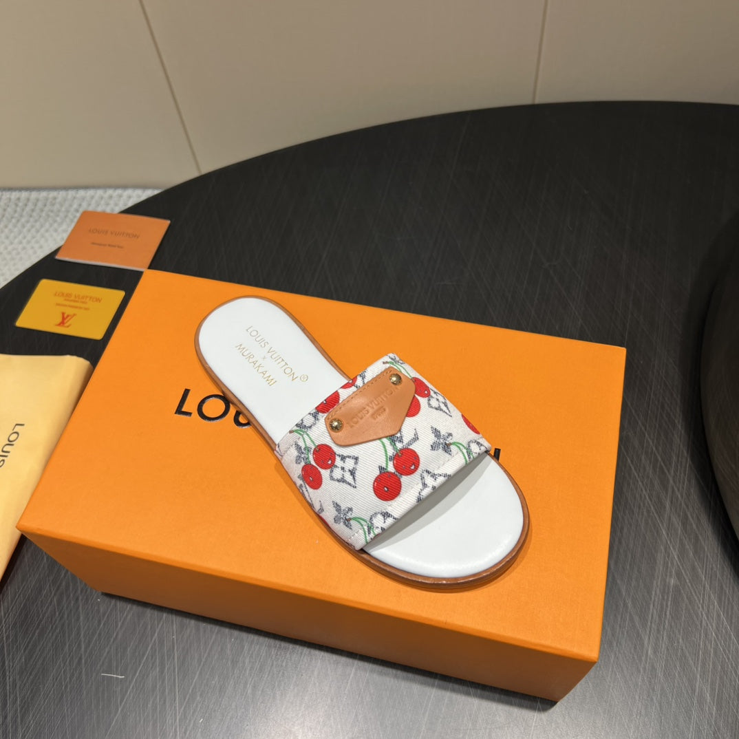 LV SLIDE SANDALS 25S IN WHITE DENIM AND CALFSKIN WITH LOGO PRINT、mysite、Cacoeks