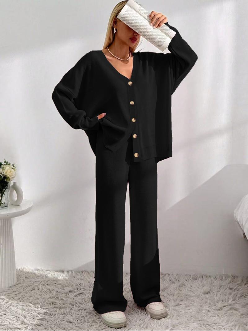 Women's Solid Button Front Drop Shoulder V Neck Cardigan & Elastic Waist Wide Leg Pants Two-piece Set, Casual Fashion Cozy Knitwear Set for Daily Outdoor Wear, Women's Knitwear for Fall & Winter