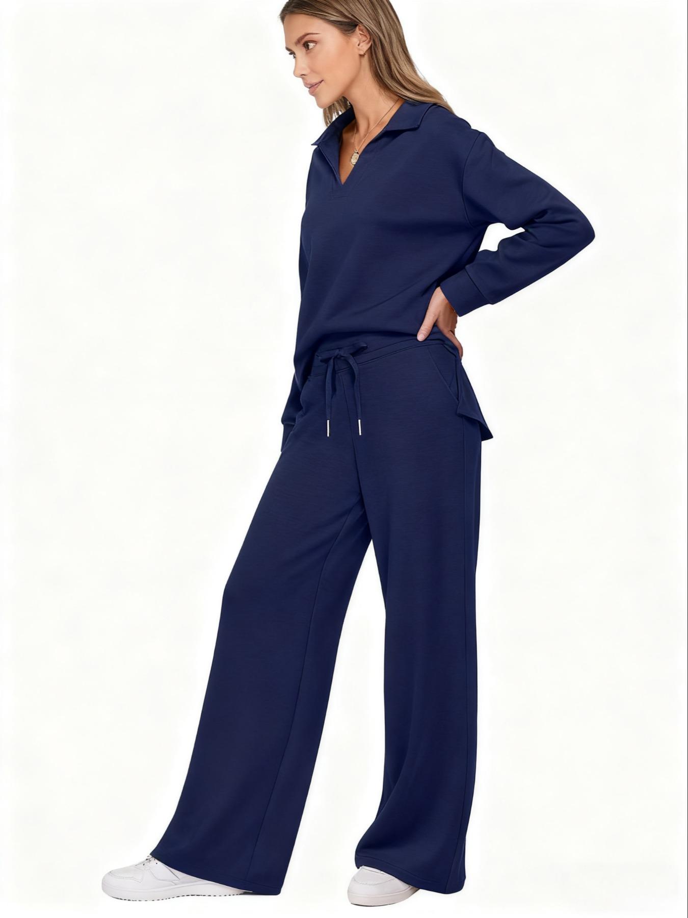 Women's Long Sleeve Drawstring Pants Set Outfit, Casual Fall Winter, Fashionable Pure Color Commuter Wear, Style