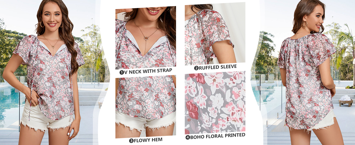 Women's Casual Boho Floral Printed V Neck Tops