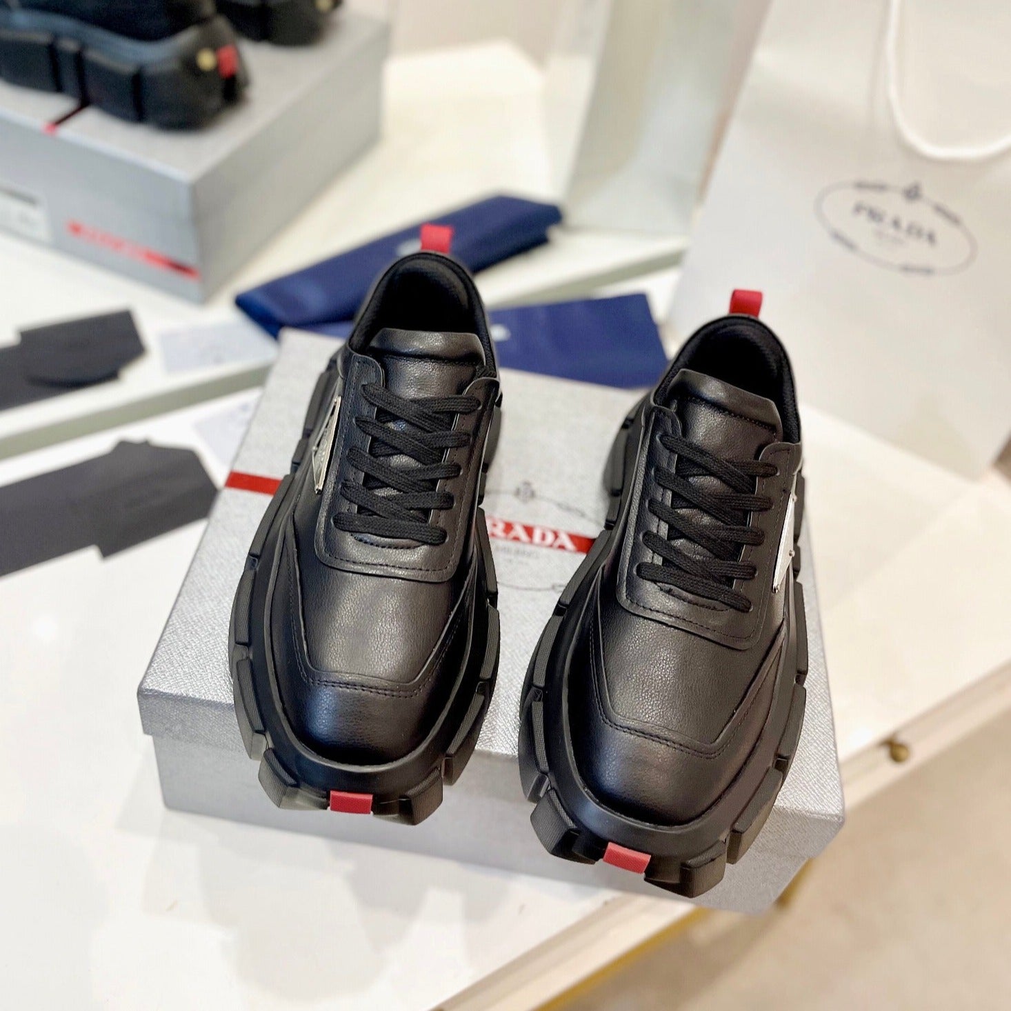 PRA BRUSHED THICK-SOLE SNEAKERS BLACK CALFSKIN、mysite、Cacoeks