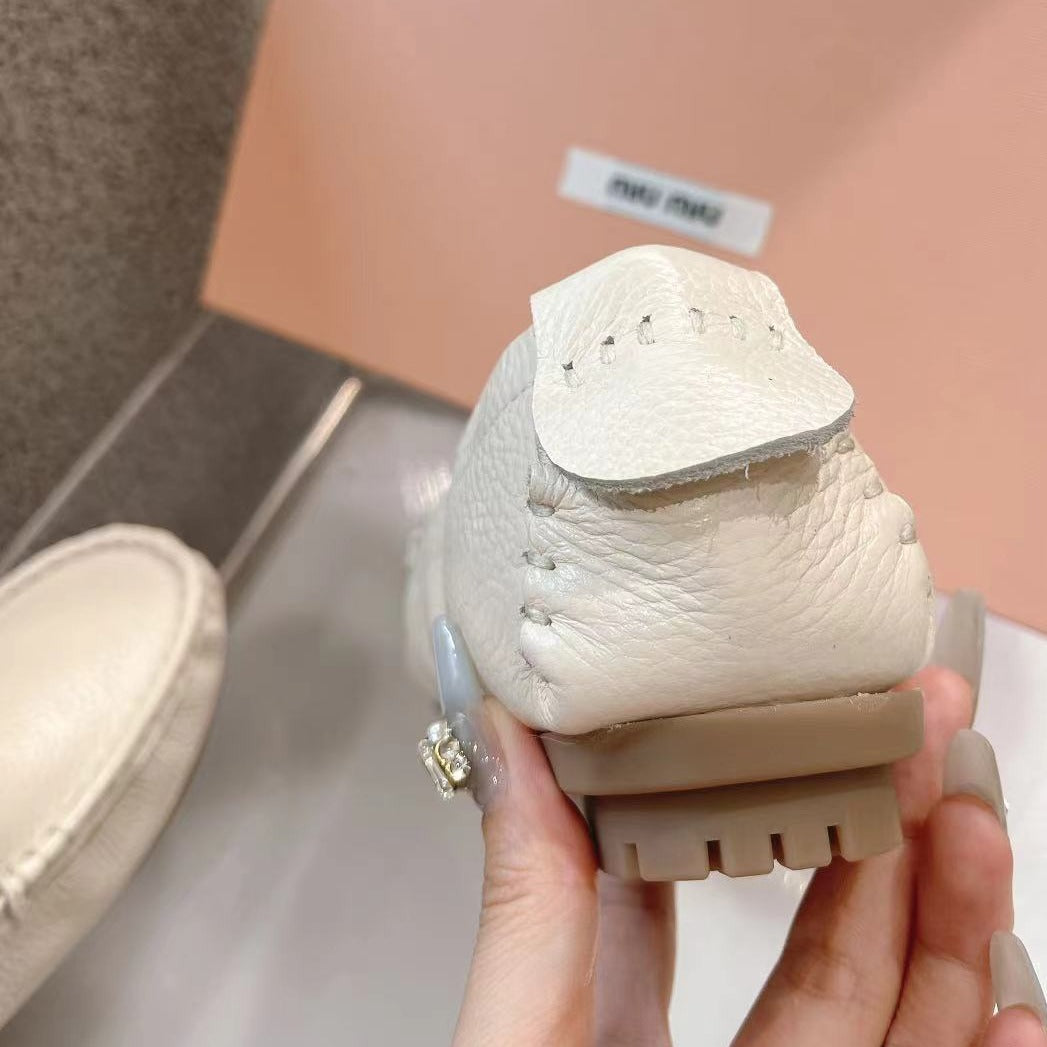 SLIP-ON HAND-SEWN SHOES WHITE CREAM COWHIDE、mysite、Cacoeks