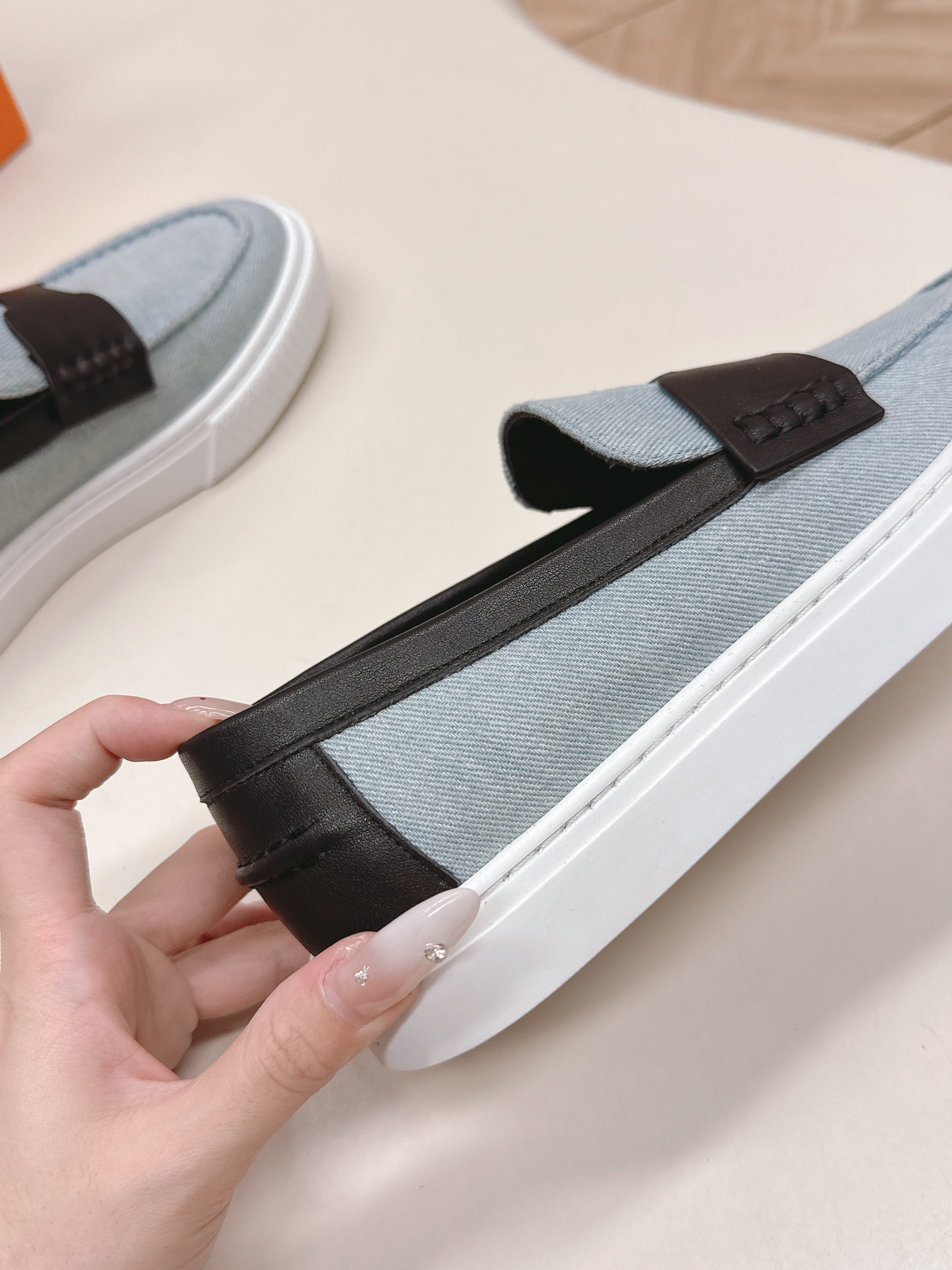 HM 25S SLIP-ON IN BLUE DENIM AND BLACK LAMBSKIN、mysite、Cacoeks