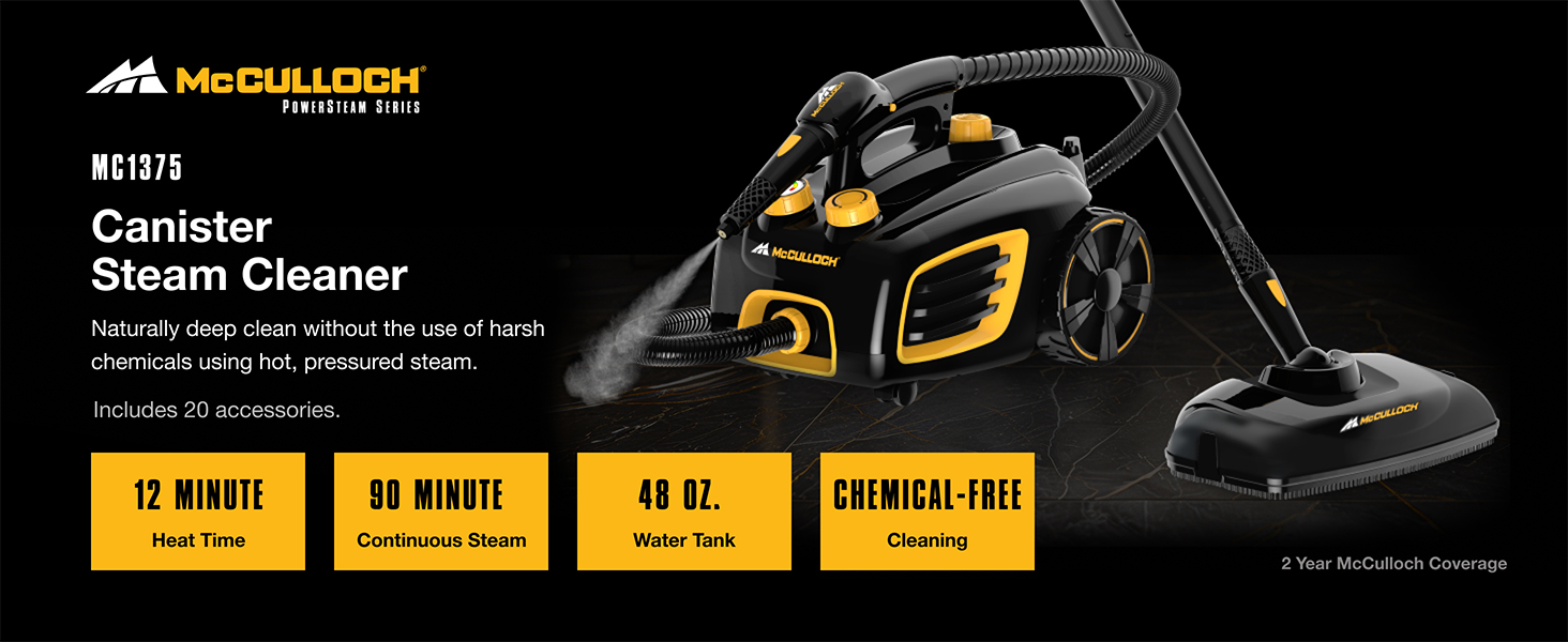 MC1375 Features Include 12 minute heat up, 90 minutes of steam, a 48 oz tank, chemical free cleaning