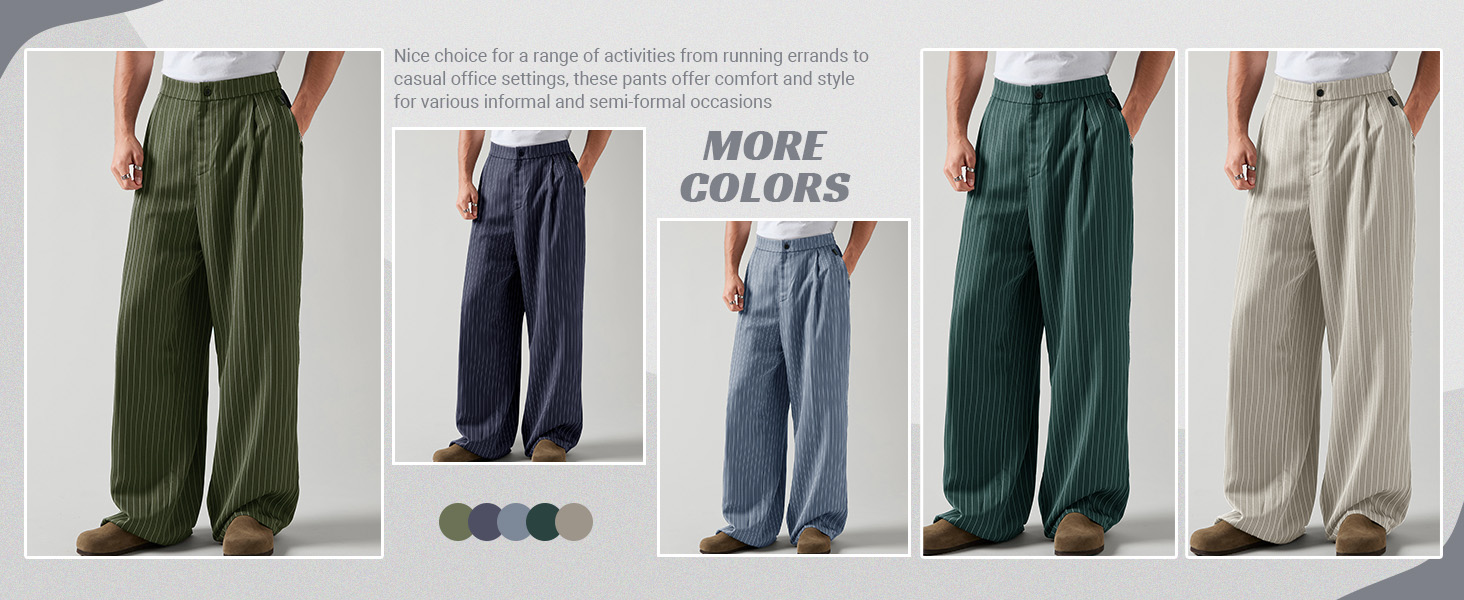 GORGLITTER Men&#39;s Striped Pleated Long Pants Zipper Fly Wide Leg Trousers with Pockets