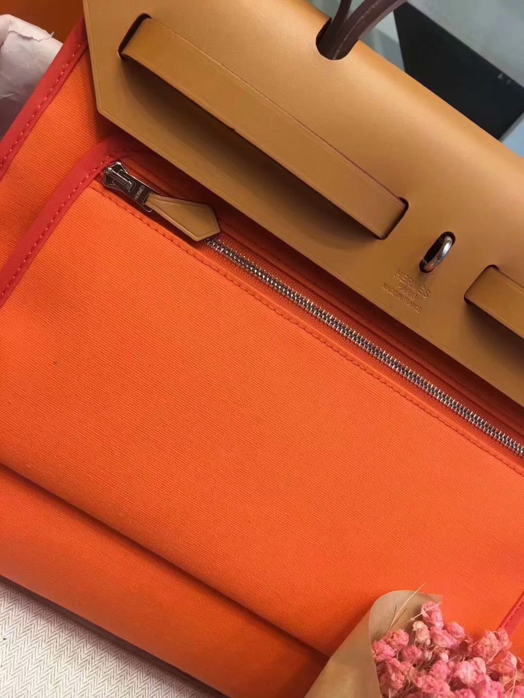 Top Replica Hermes Herbag 31cm Burgundy Canvas Bag Orange and Coffee