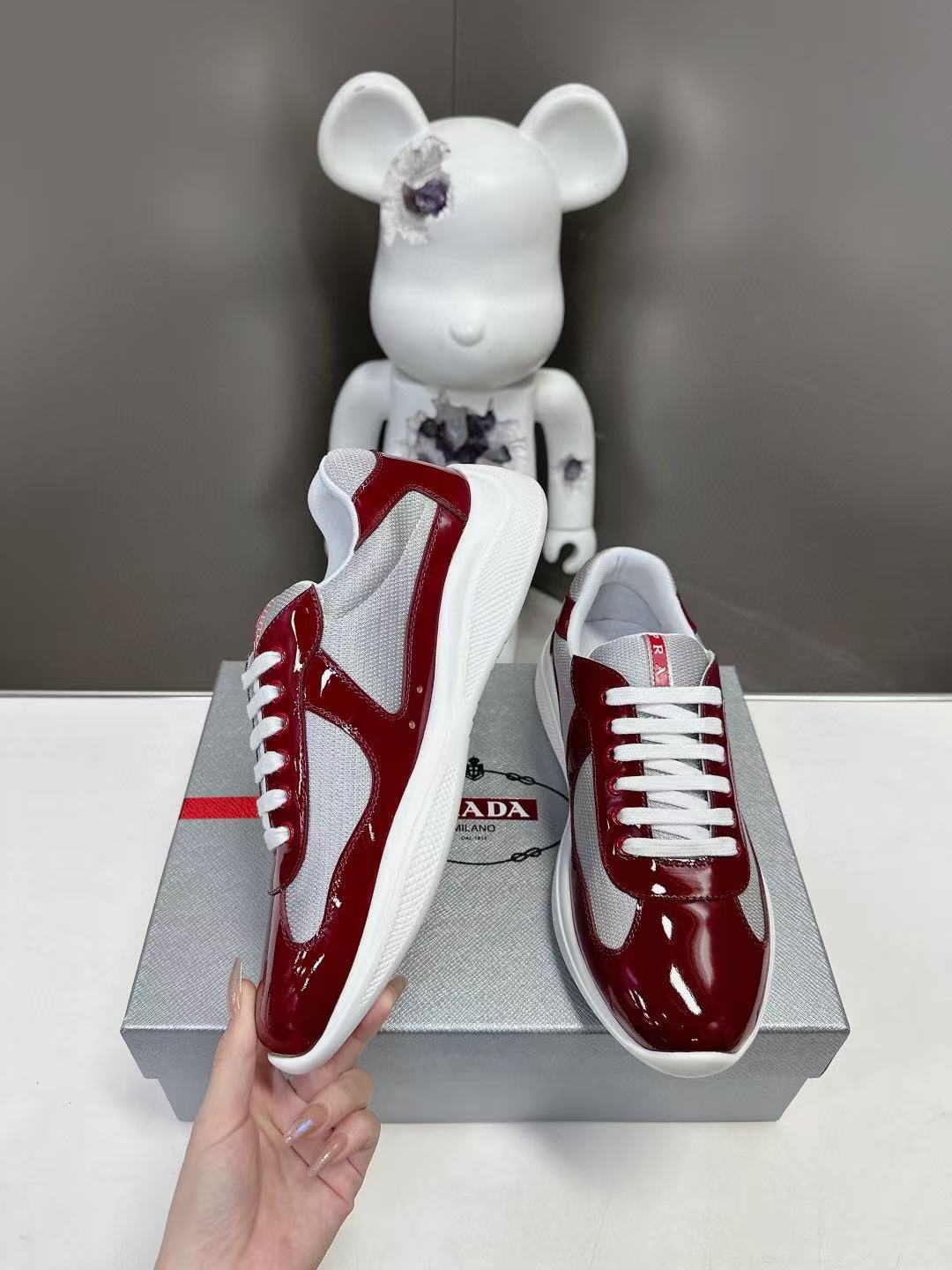 PRADA SNEAKERS IN BURDUNDY RED CALFSKIN AND MESH、mysite、Cacoeks