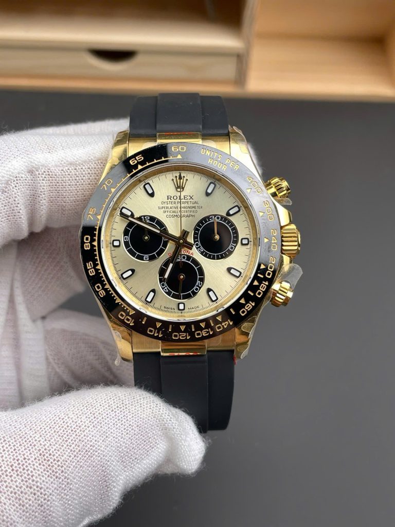 Đồng Hồ Rolex Daytona 116518 Replica 11 Mặt Vàng Champagne Dây Oysterflex Nhà Máy QF 40mm (2)
