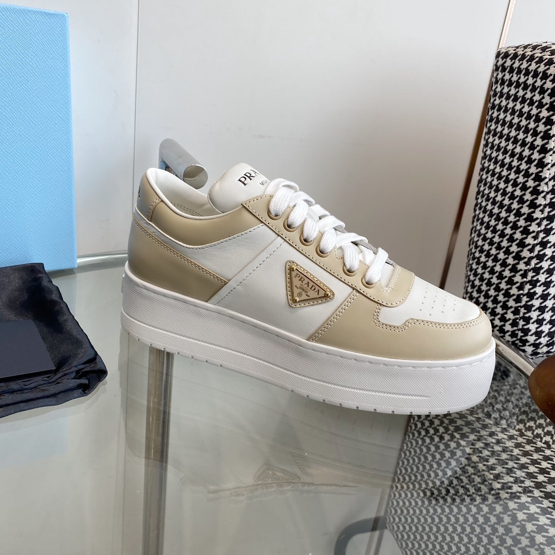PRA DOWNTOWN THICK-SOLE SNEAKERS WHITE AND BEIGE CALFSKIN、mysite、Cacoeks