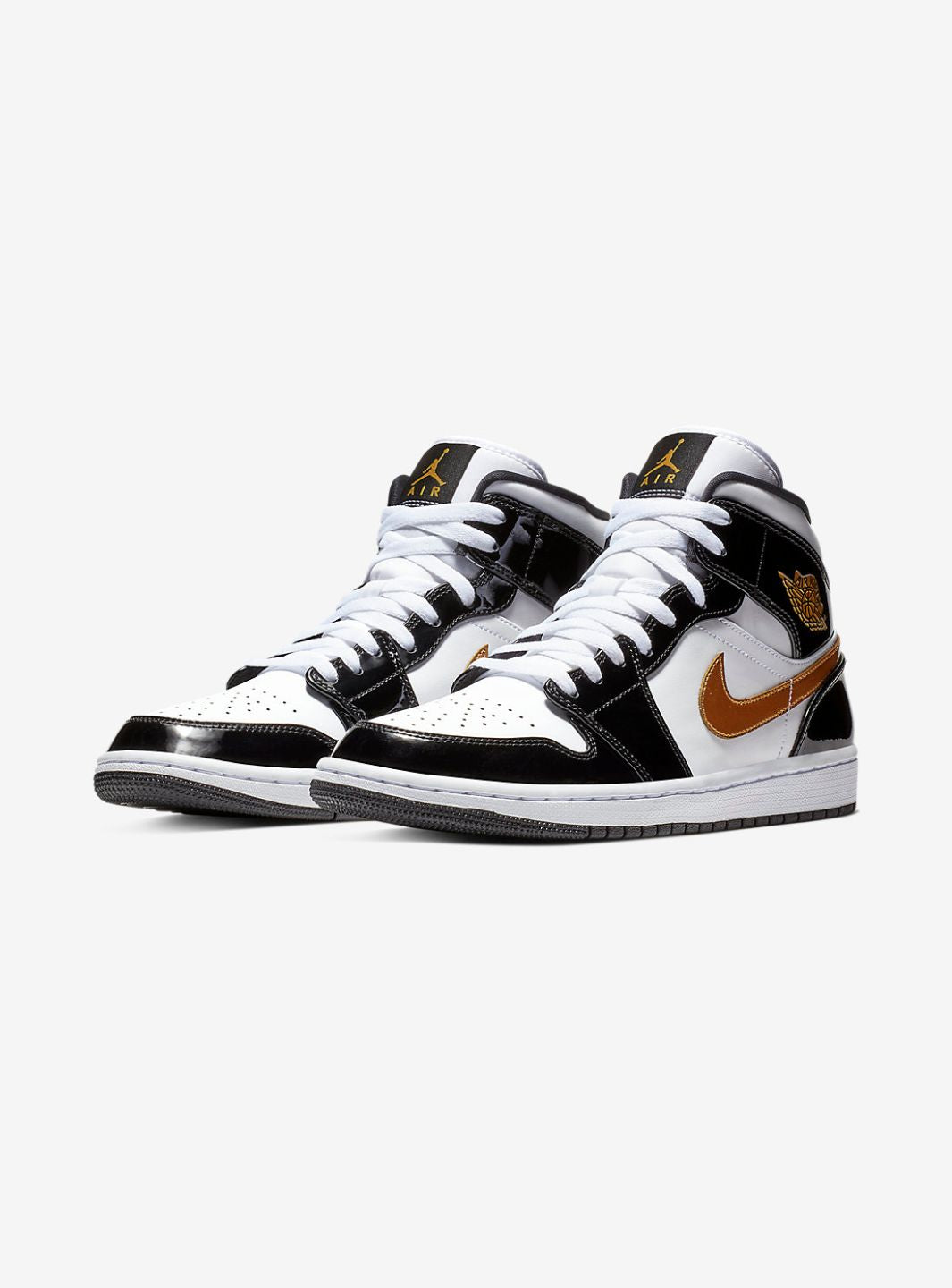 Air Jordan 1 Mid Patent Black White Gold、JORDAN、Cacoeks