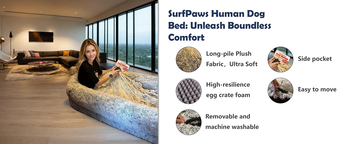 Woman enjoying ultimate comfort on the Surfpaws Human Dog Bed in a modern living room.