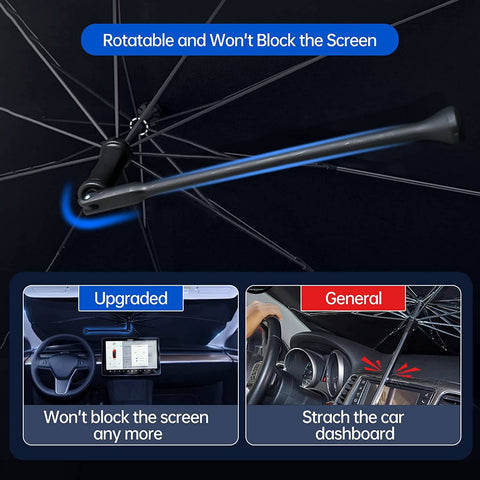 Upgraded 360° Rotation Bendable Handle Design Keep your car cool and protect it from the sun’s damaging rays with the Lux Car Windshield Umbrella! Featuring a 360° Rotation bendable handle design, it prevents the center console and dashboard from potentially scratching. The flexible handle position offers the ultimate protection for your car—have peace of mind with this stylish, efficient sun shade!