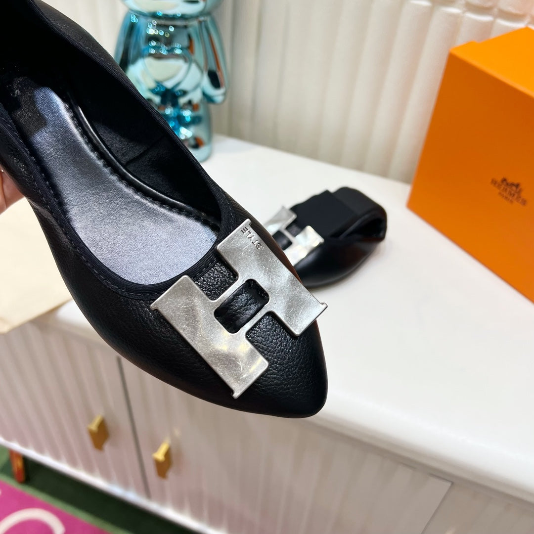 H-BUCKLE BALLLET FLAT BLACK CALFSKIN、mysite、Cacoeks