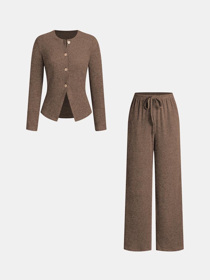 Women's Autumn Winter Set, Knitted Boat Neck Top with Buttons & Ribbed Long Pants, Casual Loose Fit for Ladies