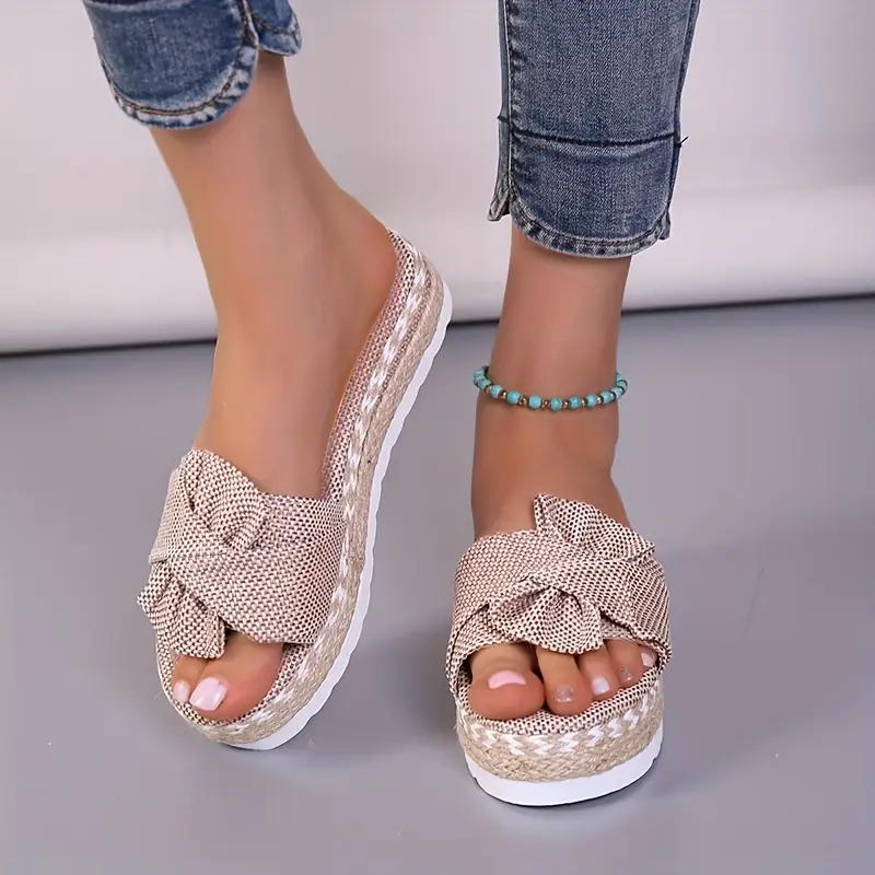 womens platform espadrilles slippers bow open toe solid color anti skid slippers casual beach slides details 4