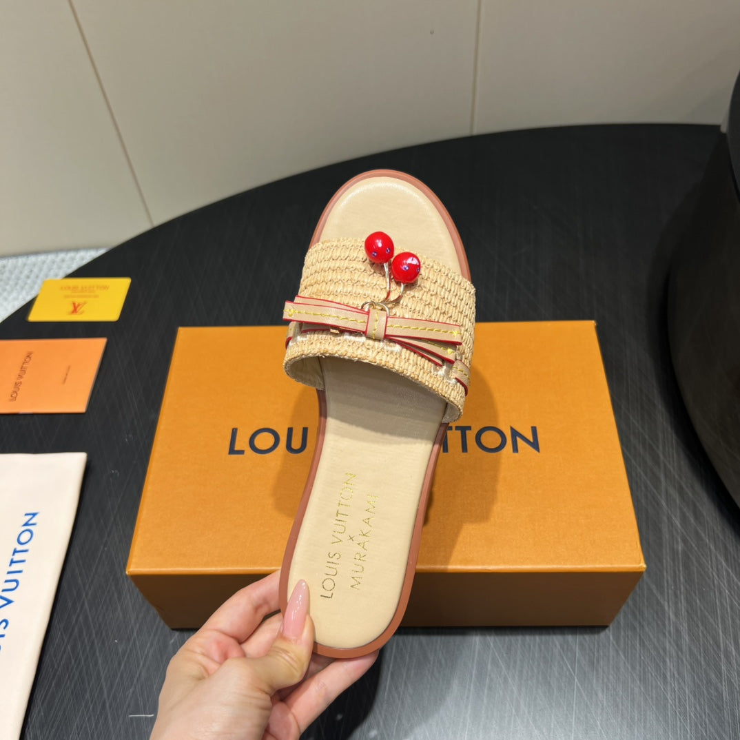 LV SLIDE SANDALS 25S IN BEIGE RAFFIA AND CALFSKIN WITH CHERRY BLOSSOM BUCKLE、mysite、Cacoeks