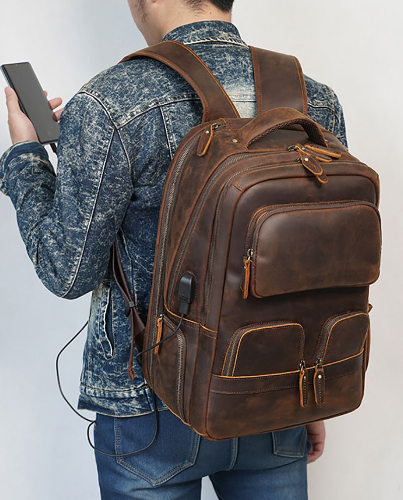 Outdoor Model Show of Leather Backpack