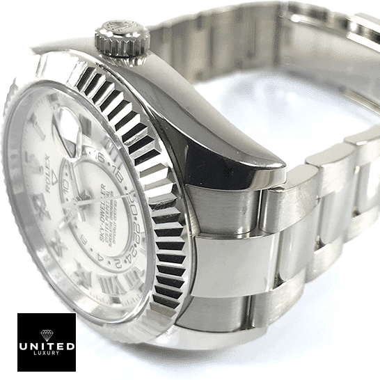 Rolex Sky-Dweller White Dial 326939 Fluted Bezel Oyster Replica on the table