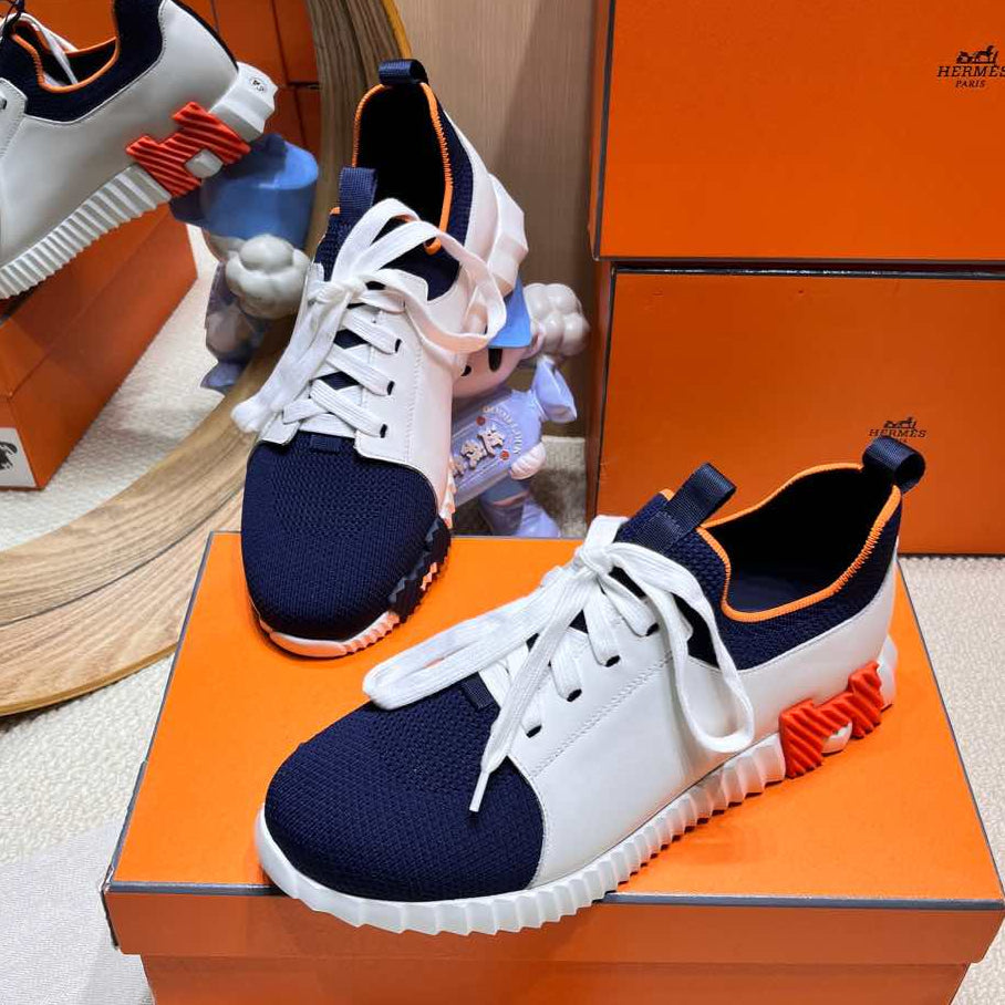 DEPART SLIP-ON SNEAKER IN NAVY BLUE KNIT AND WHITE CALFSKIN、mysite、Cacoeks