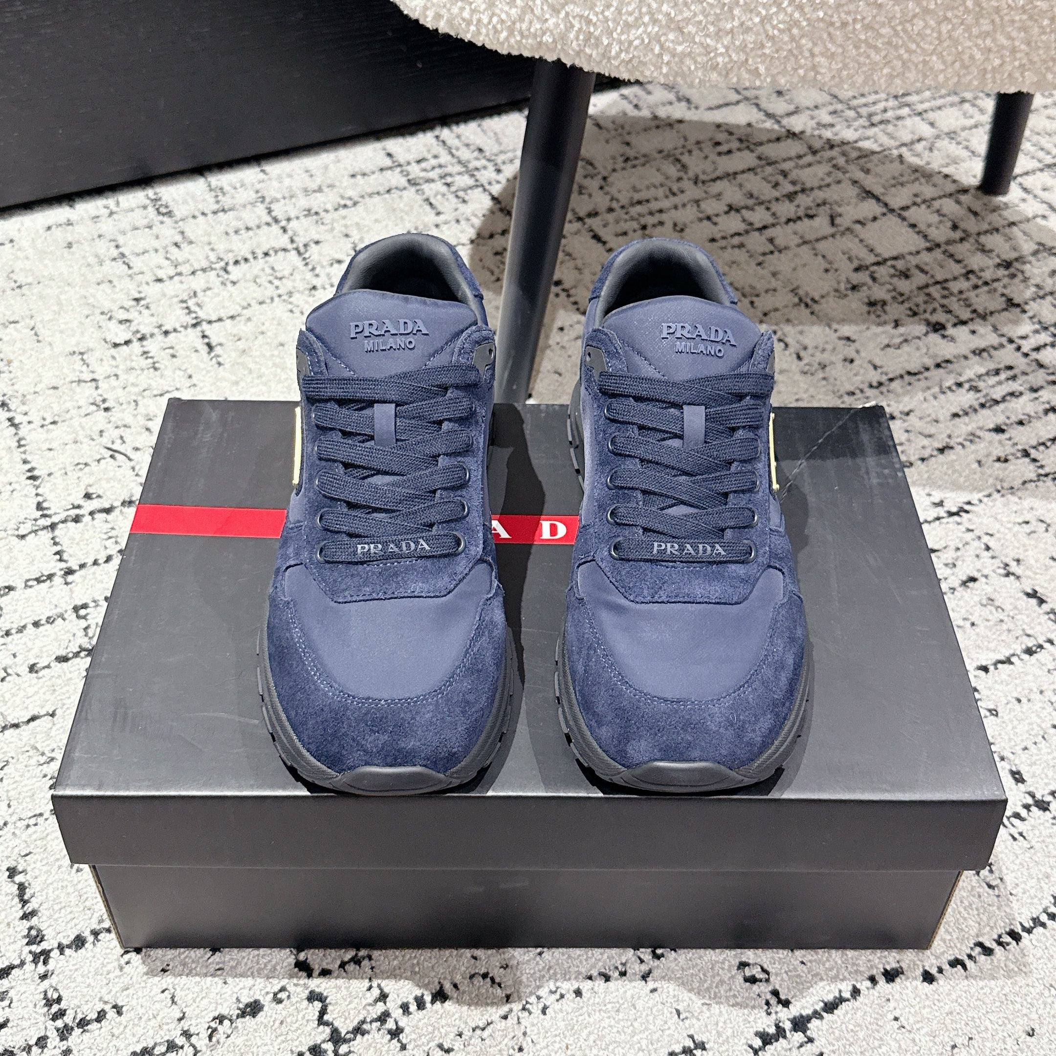 PRADA 25S MEN SNEAKERS LOGO IN NAVY BLUE NUBUCK AND CANVAS、mysite、Cacoeks