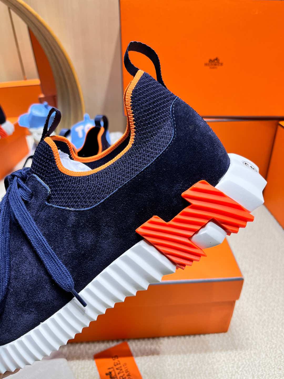 DEPART SLIP-ON SNEAKER IN NAVY BLUE KNIT AND CALFSKIN、mysite、Cacoeks