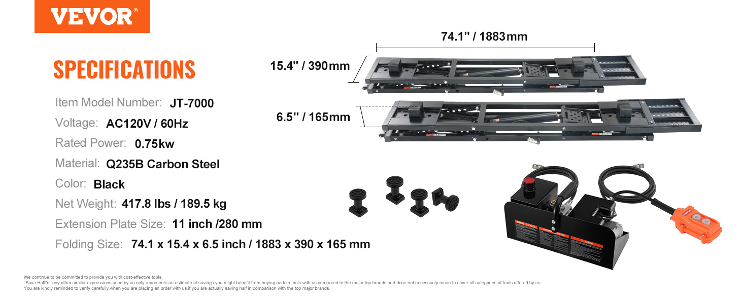 VEVOR portable car lift, jt-7000, ac120v, q235b carbon steel, 417.8 lbs, 74.1 x 15.4 x 6.5 inch.