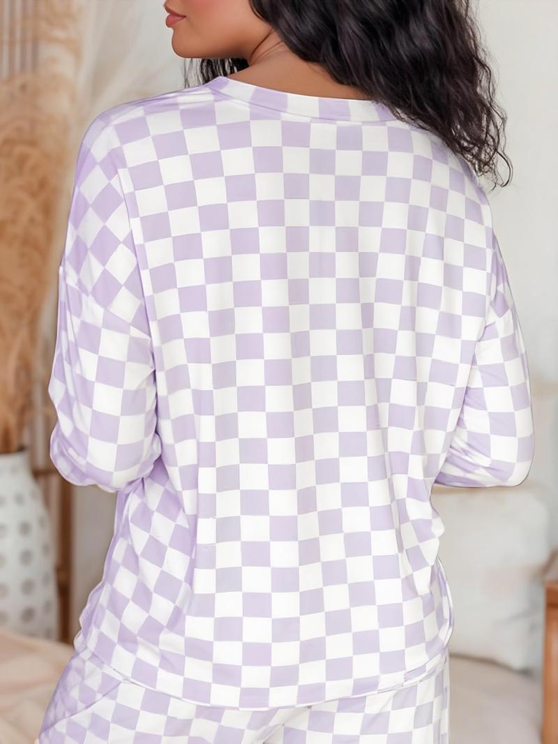 Two-Piece Set Women's Checkerboard Print Long Sleeve Tee & Drawstring Waist Pants Pajama, Casual Comfy Round Neck Top & Pocket Trousers PJ Set, Ladies Sleepwear for All Seasons