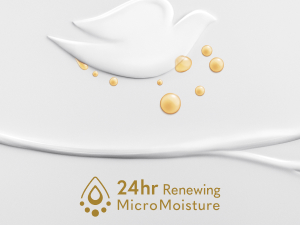 White Dove logo with golden droplets and white cream on white background with text.