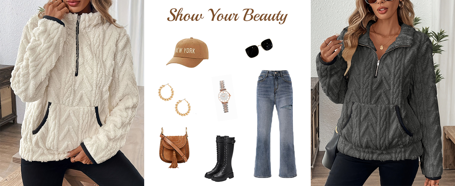 Collection of winter clothing items including quilted vests and jackets in neutral colors, shown in multiple product shots and styling combinations.