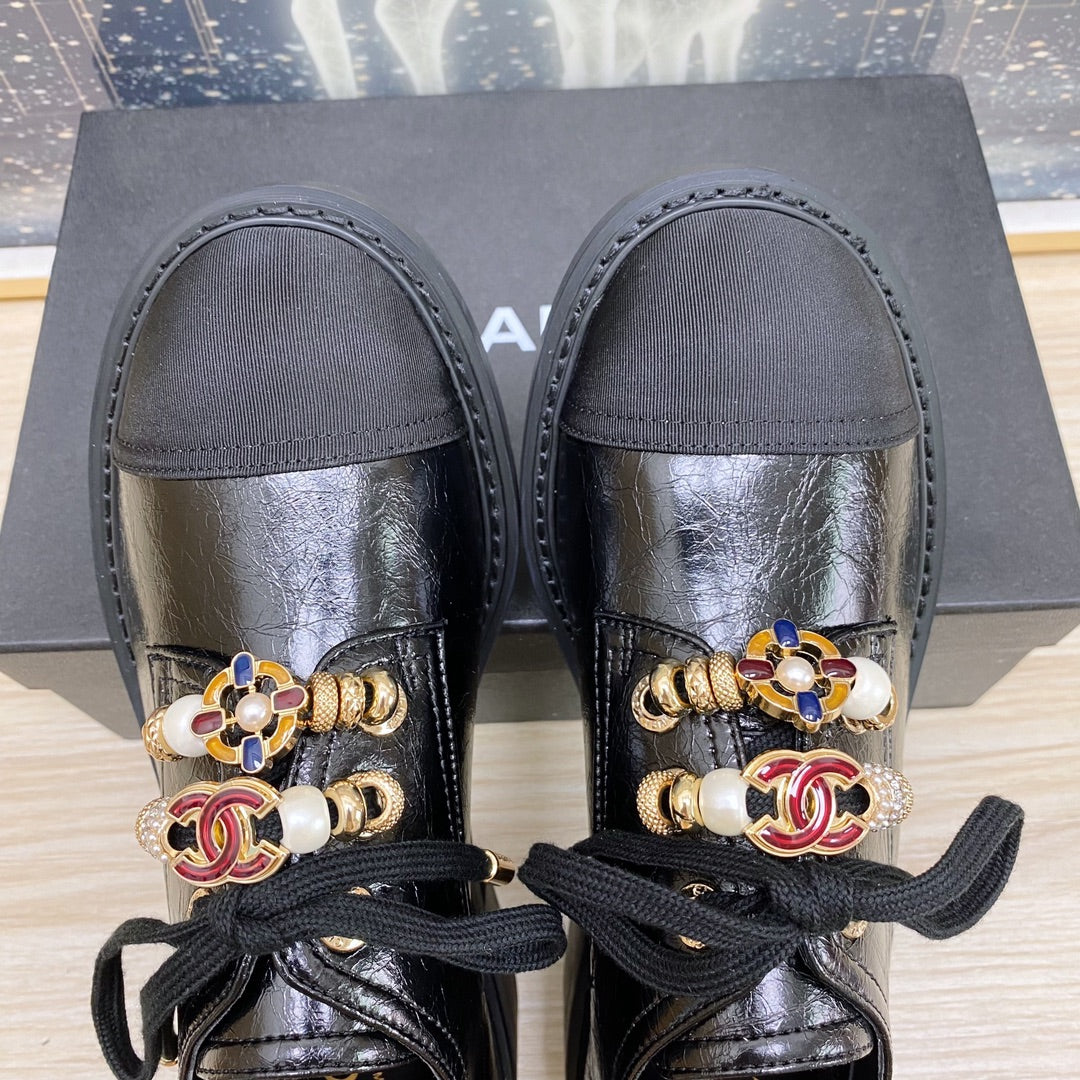 CC COMBAT OXFORD SHOES IN BLACK WRINKLED CALFSKIN AND GROSGRAIN WITH FAUX PEARL、mysite、Cacoeks