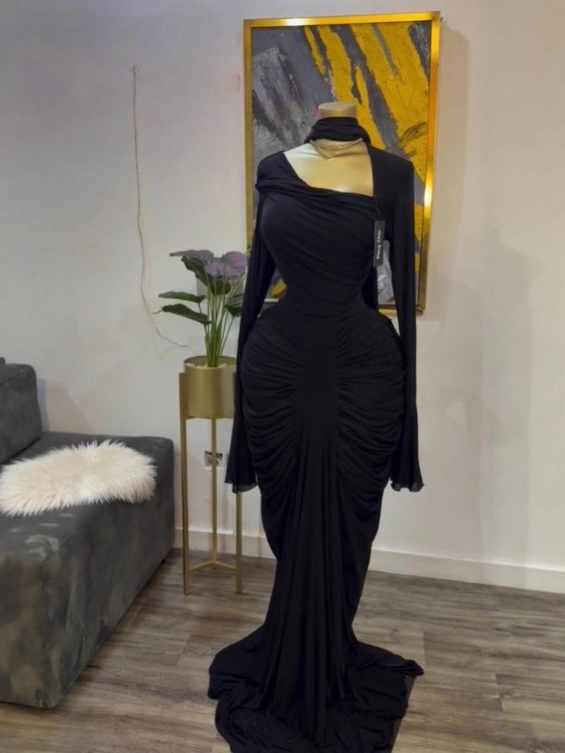 PULKRITU Women's Asymmetrical Neckline Flared Long Sleeve Ruffled Stacked Dress, Autumn Birthday Party Sexy Evening Gown with Scarf Bodycon Midi Ruched Side Maxi Dresses, Trendy Education Holiday Long Dresses, Fashion Streetwear Clothing, Floor Length Dre