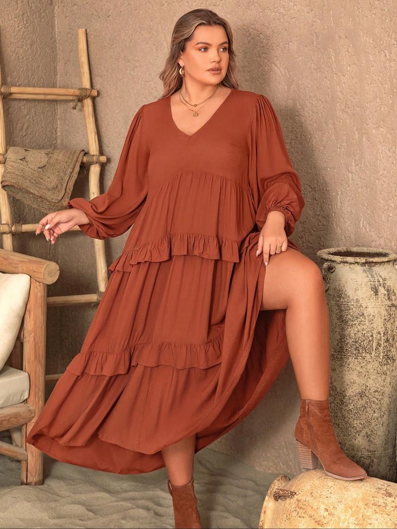 Plus Size Plain Lantern Sleeve Tiered Ruffle Trim Smock Dress, Elegant V Neck Long Sleeve Dress for Vacation Party Wedding Guest, Women's Clothes for All Seasons