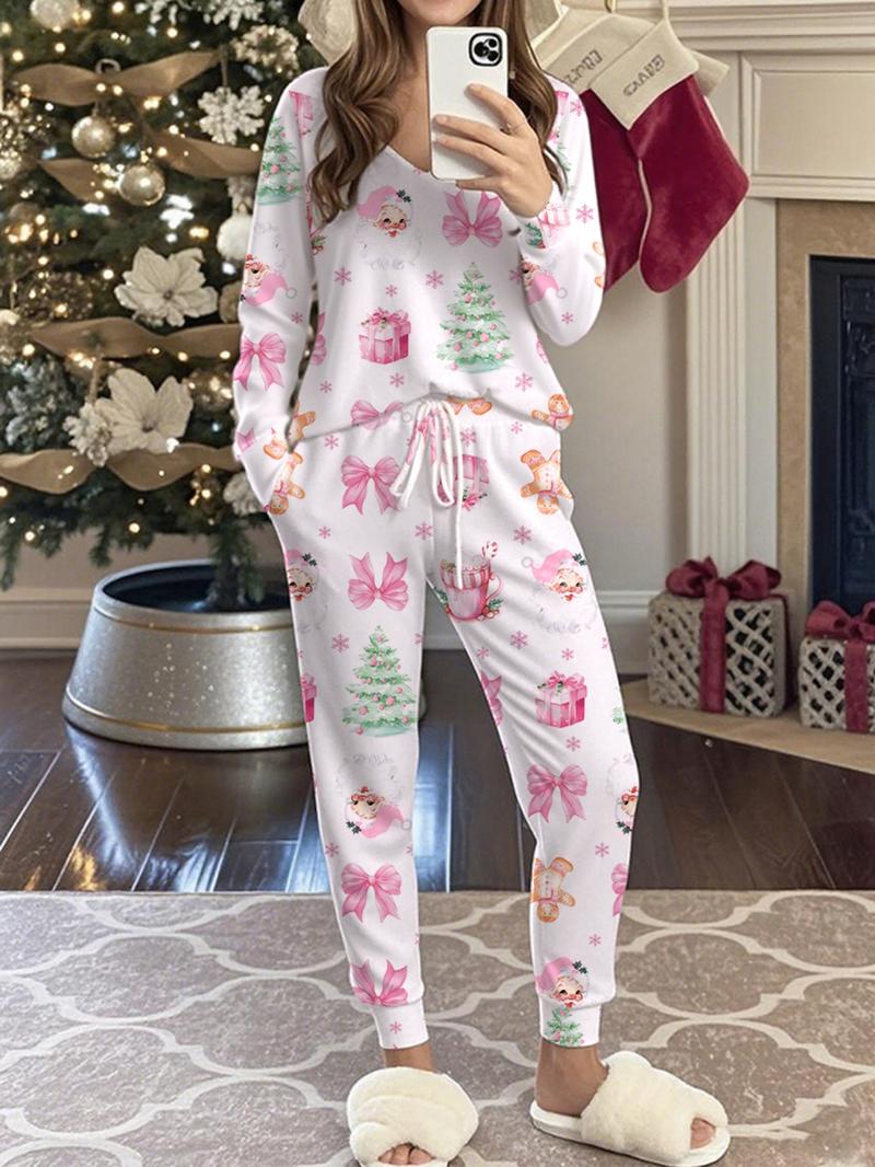 Women's Christmas Print Casual Set, Long Sleeve V Neck Top & Belted Pants, Ladies Homewear & Pajamas, Spring & Fall Fashion