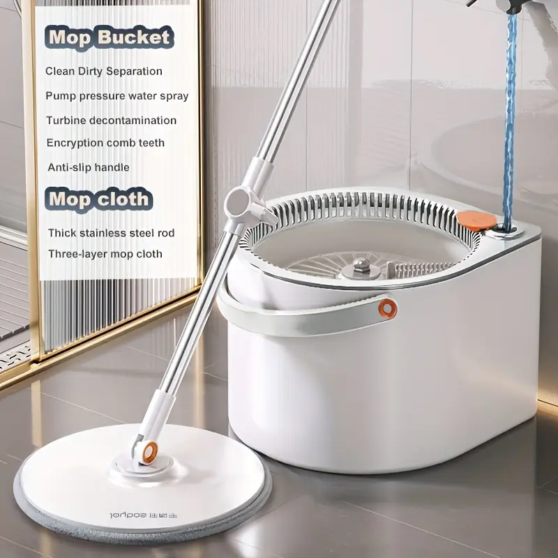 1 set household spin mop and bucket set with 2 mop cloth household rotating floor mop hands   mop dust removal mop dry and wet use   home kitchen bathroom floor cleaning supplies cleaning tool details 1