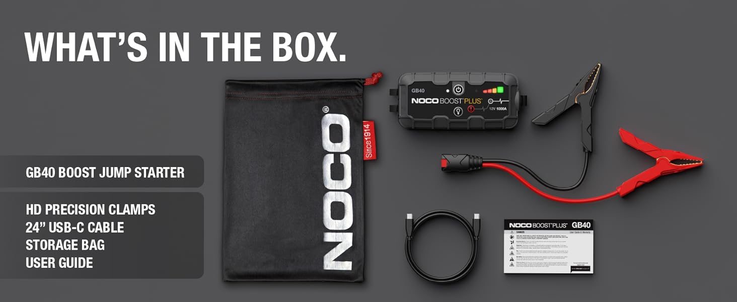 Whats in the box. GB40 jump starter, jumper cable clamps, USB cable and microfiber bag.