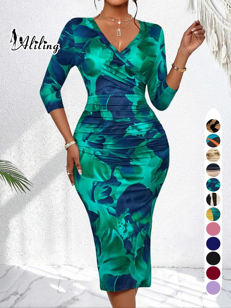 Aliling Women's Dress Valentine's Day Women's Clothing Summer Thin Elegant Midi V-Neck Half Sleeve Geometric Print Ruched Slim-Fitting Dress
