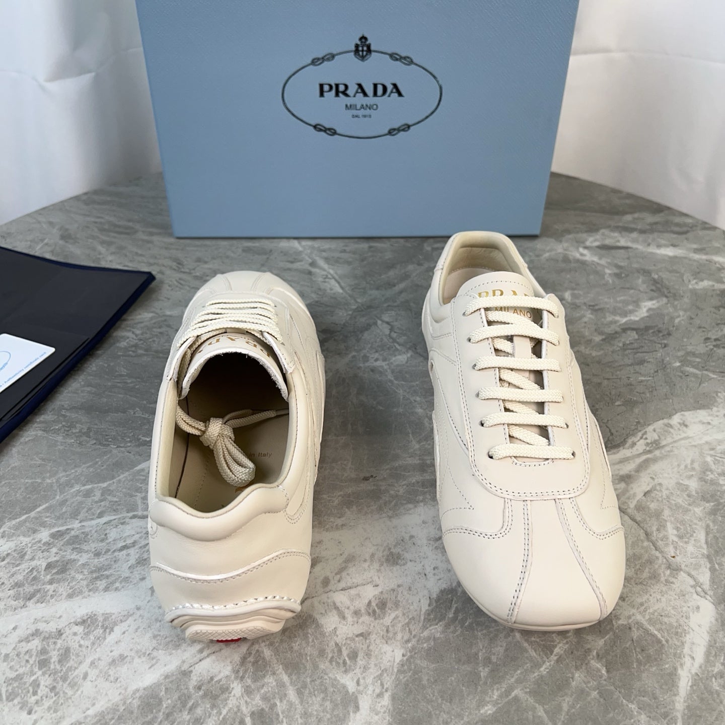 PRADA 25S MONTECARLO ANTIQUED SNEAKERS IN CHALK WHITE NAPPA LEATHER、mysite、Cacoeks