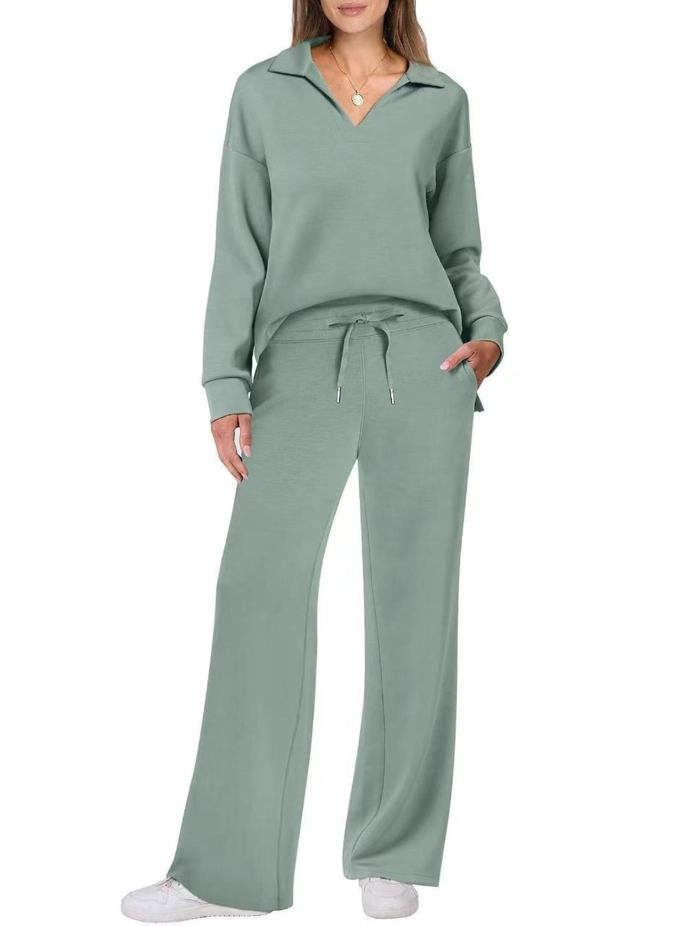 Women's Long Sleeve Drawstring Pants Set Outfit, Casual Fall Winter, Fashionable Pure Color Commuter Wear, Style