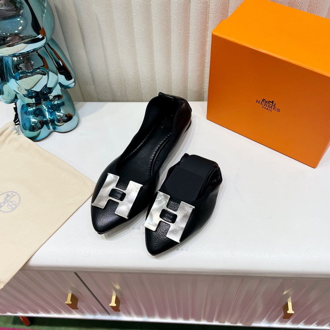 H-BUCKLE BALLLET FLAT BLACK CALFSKIN、mysite、Cacoeks