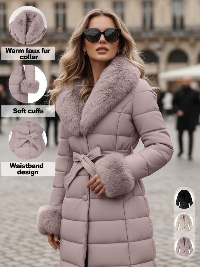 Women's Casual Outdoor Commuter Jacket with Faux Fur Collar, Warm Fashionable Leisure Wear, Includes Belt, Fall & Winter Thick Woven Fabric