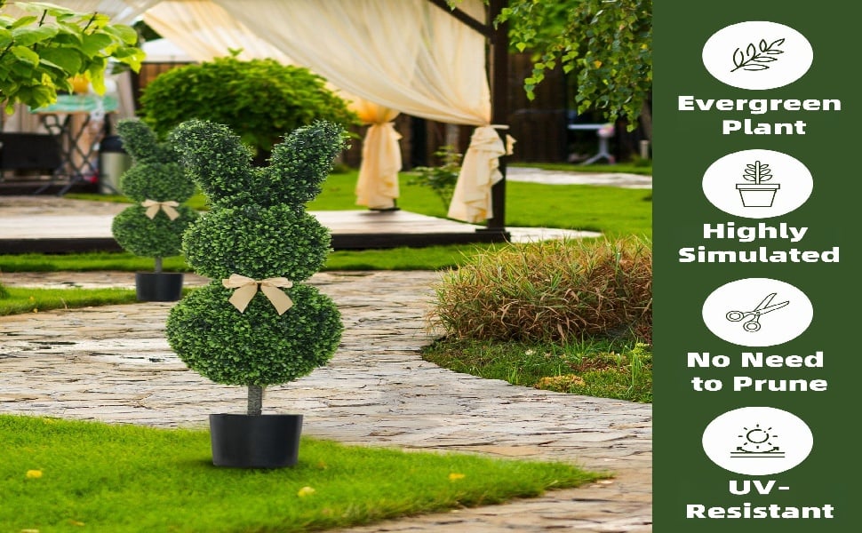 Bunny-Shaped Artificial Topiary Tree Easter Faux Boxwood & Cypress Potted Plant with Ground Spike