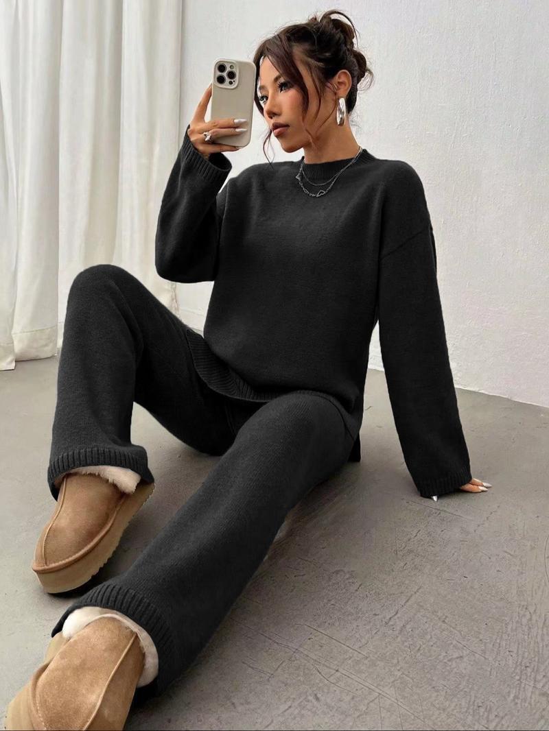 Women's Solid Drop Shoulder Split Hem Sweater & Elastic Waist Straight Leg Pants Two-piece Set, Casual Fashion Cozy Knitwear Set for Daily Outdoor Wear, Women Knitwear for Fall & Winter, Womenswear