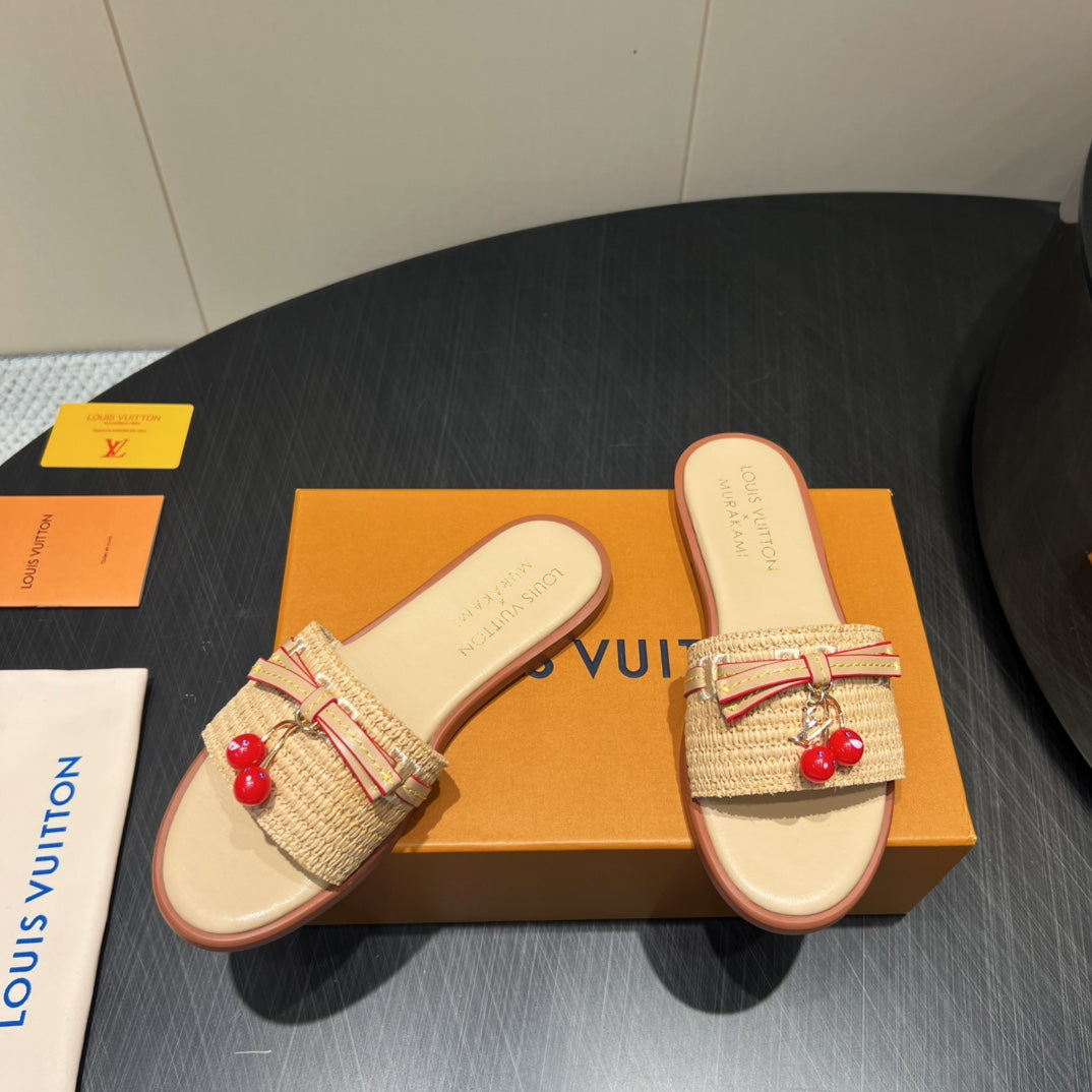 LV SLIDE SANDALS 25S IN BEIGE RAFFIA AND CALFSKIN WITH CHERRY BLOSSOM BUCKLE、mysite、Cacoeks