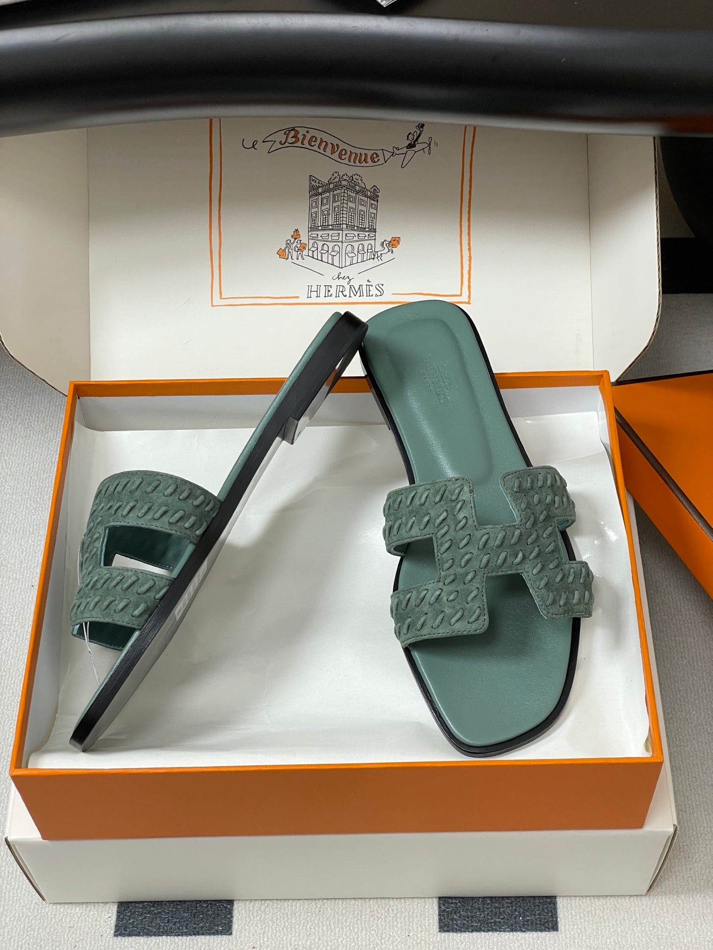 HM 25S ORAN SANDAL IN DUSTY MOSS GREEN SUEDE AND LAMBSKIN、mysite、Cacoeks